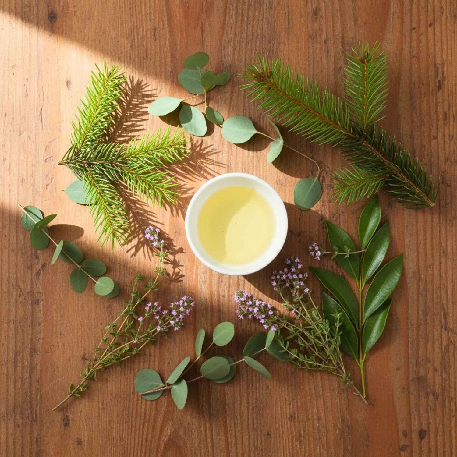 Freier Atem Ölmischung in der Mitte mit frischen Kräutern Waldkiefer Eukalyptus Ravintsara Thymian | Naturstoff