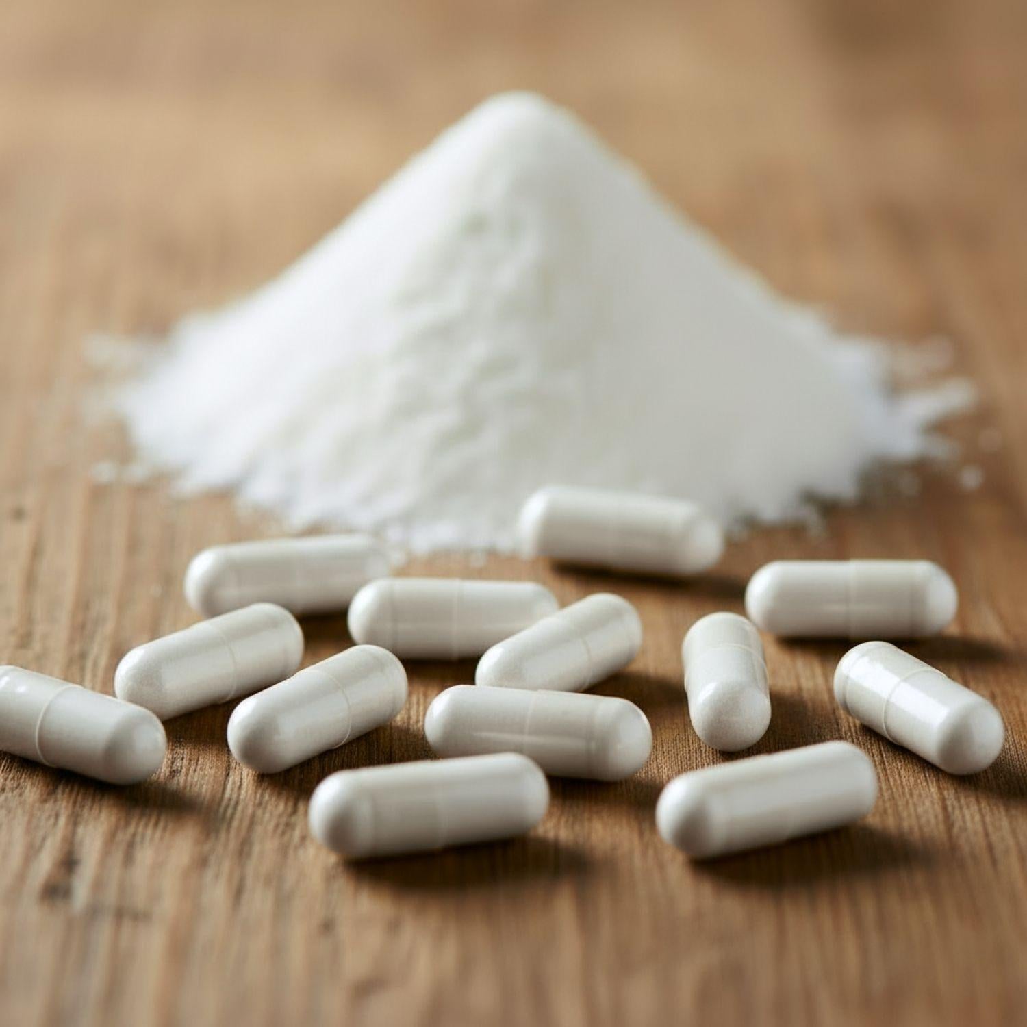 Kalium als Pulver und als Kapseln auf einem Holztisch | Naturstoff