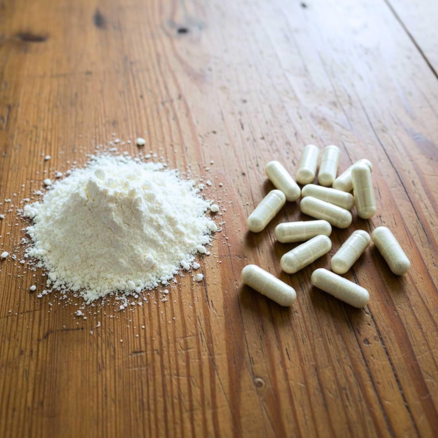 L-Lysin Aminosäure Kapseln und Pulver auf einem Tisch | Naturstoff