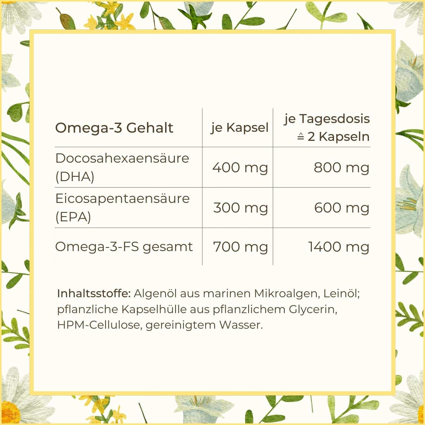 Gehalt an Omega-3 Fettsäuren in Tabelle von Naturstoff