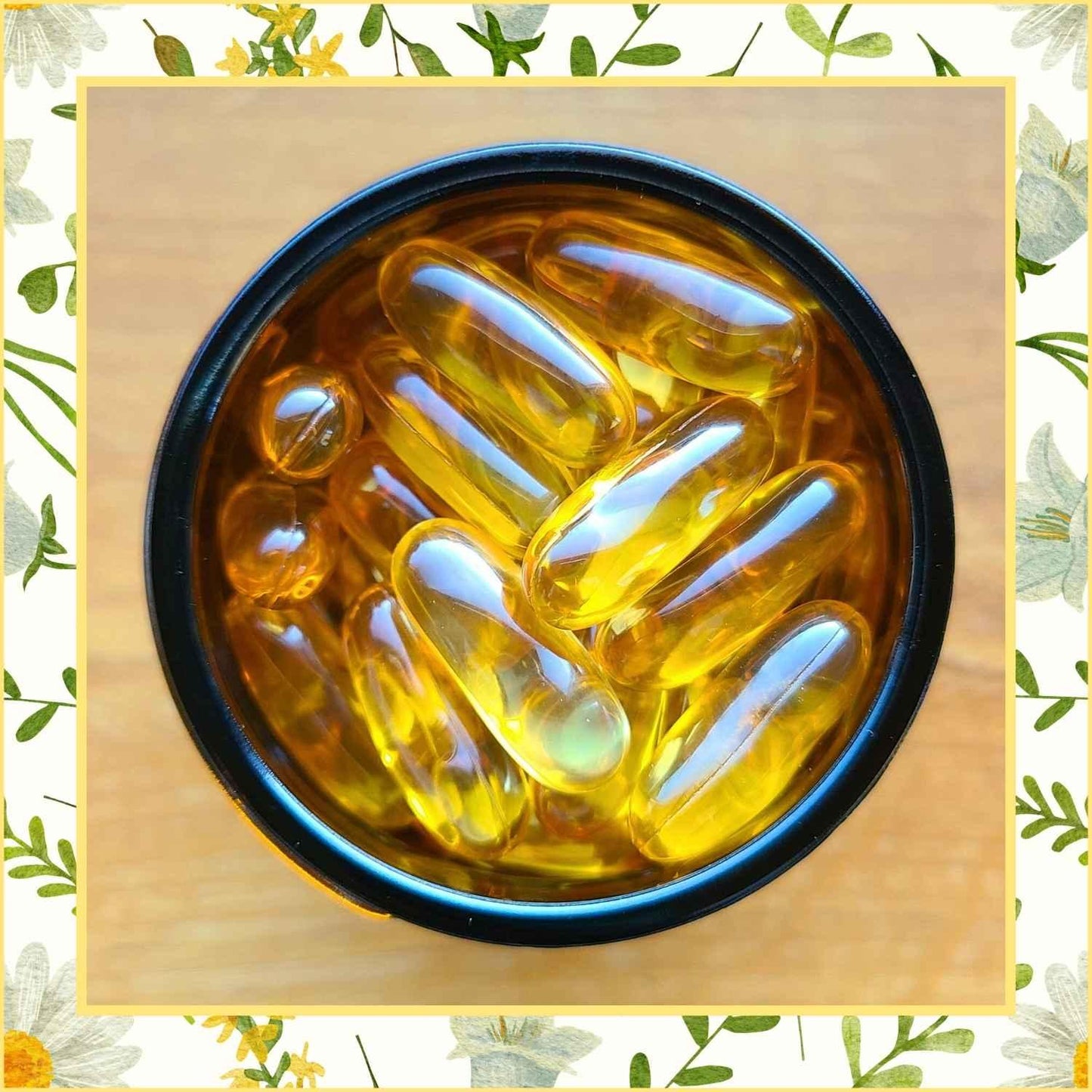 Omega-3 in Glastiegel auf Holztisch Naturstoff