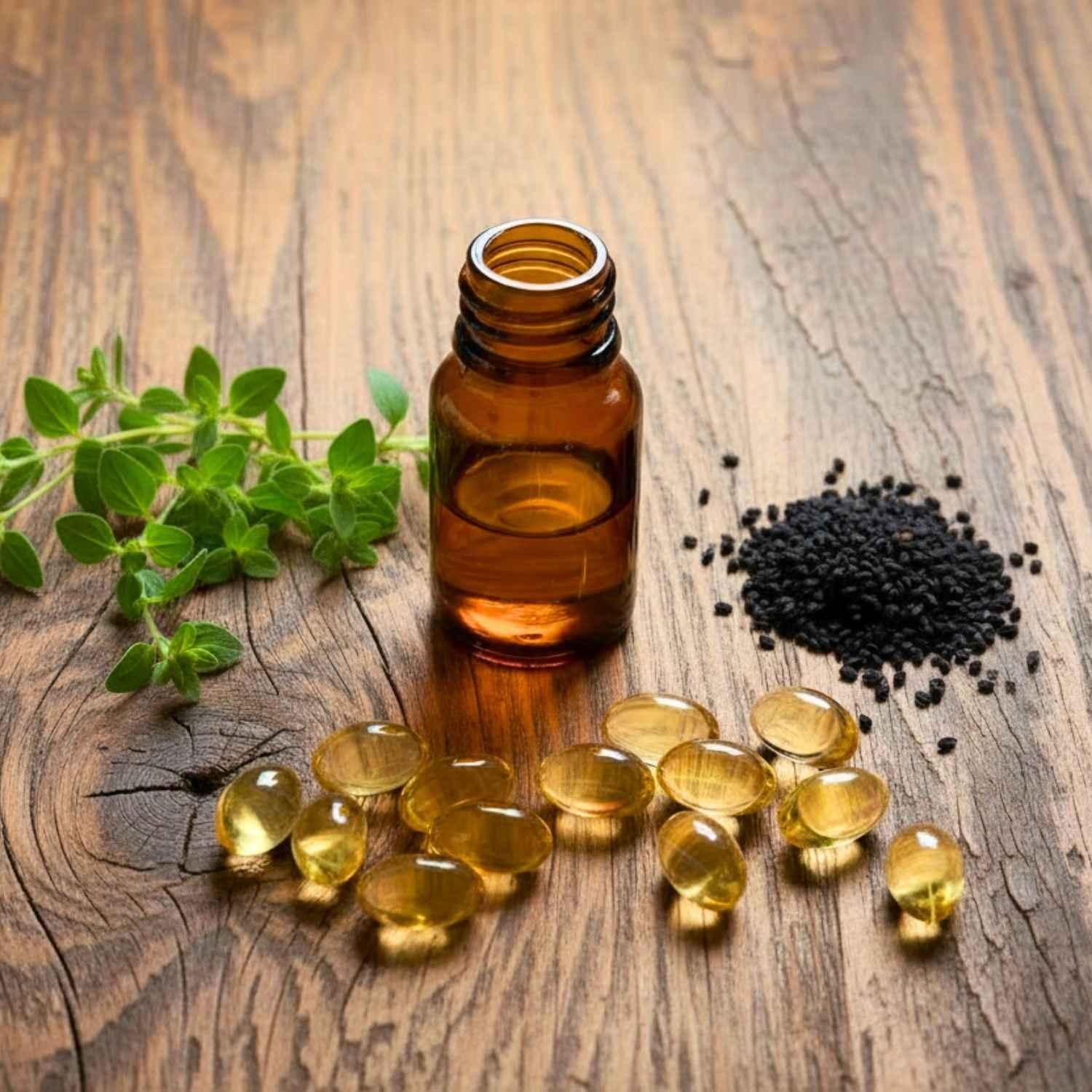 Oregano und Schwarzkümmel mit Kapseln und Glasflasche auf Holztisch | Naturstoff
