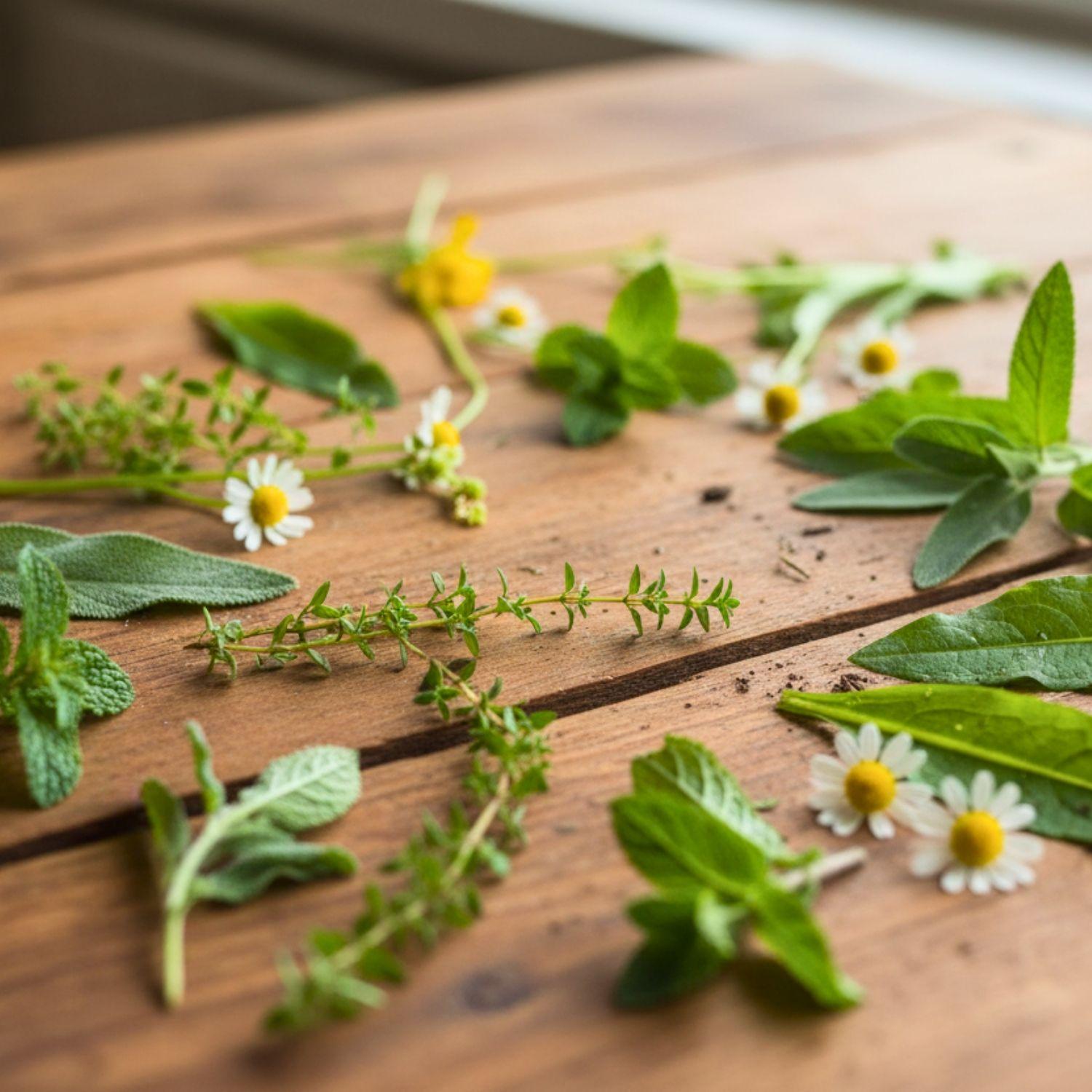 Verschiedene Kräuter auf einem Tisch | Naturstoff
